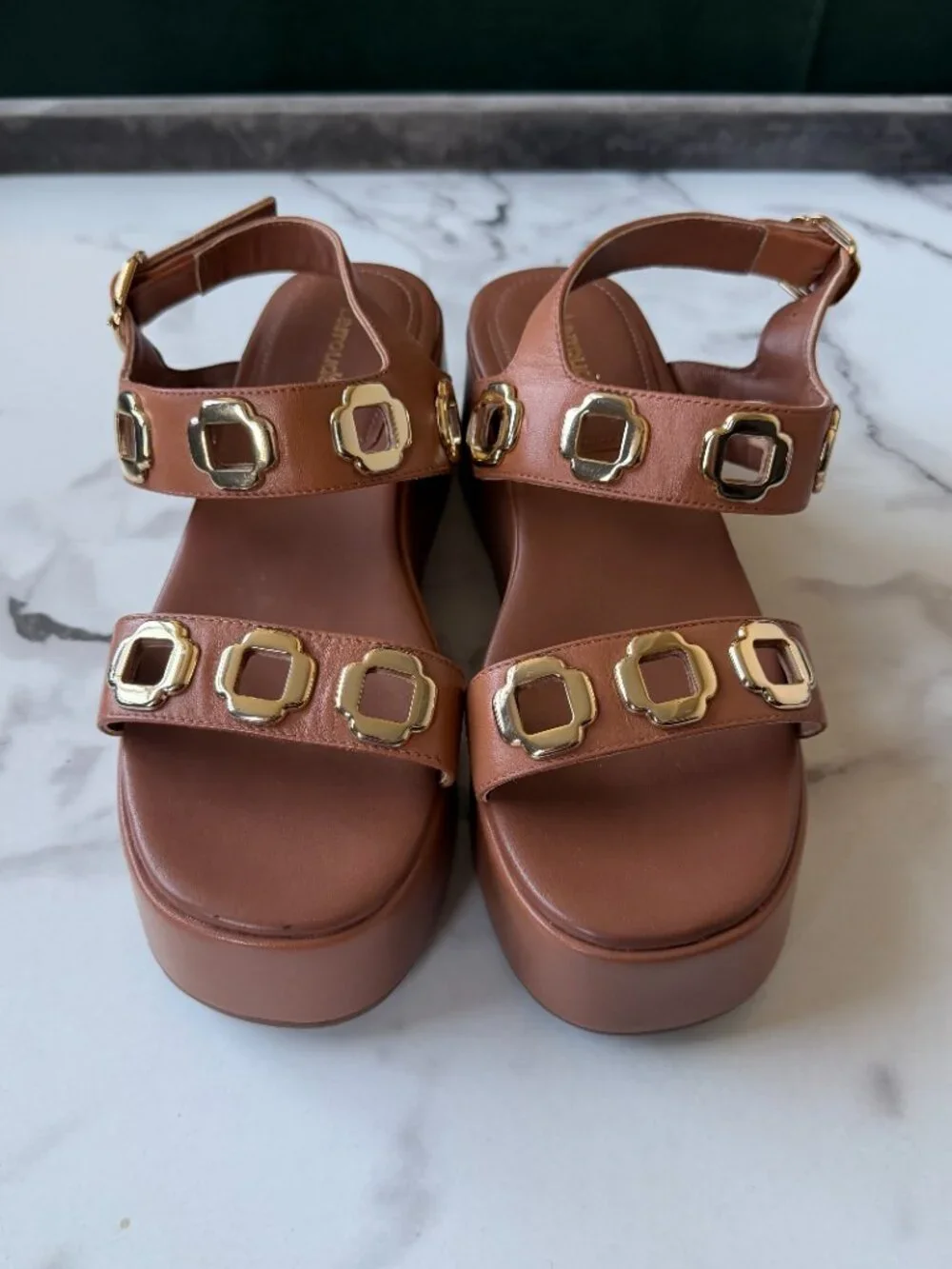 Larroudé Brown Leather Grommet Platform Sandals NEW Size 8.5